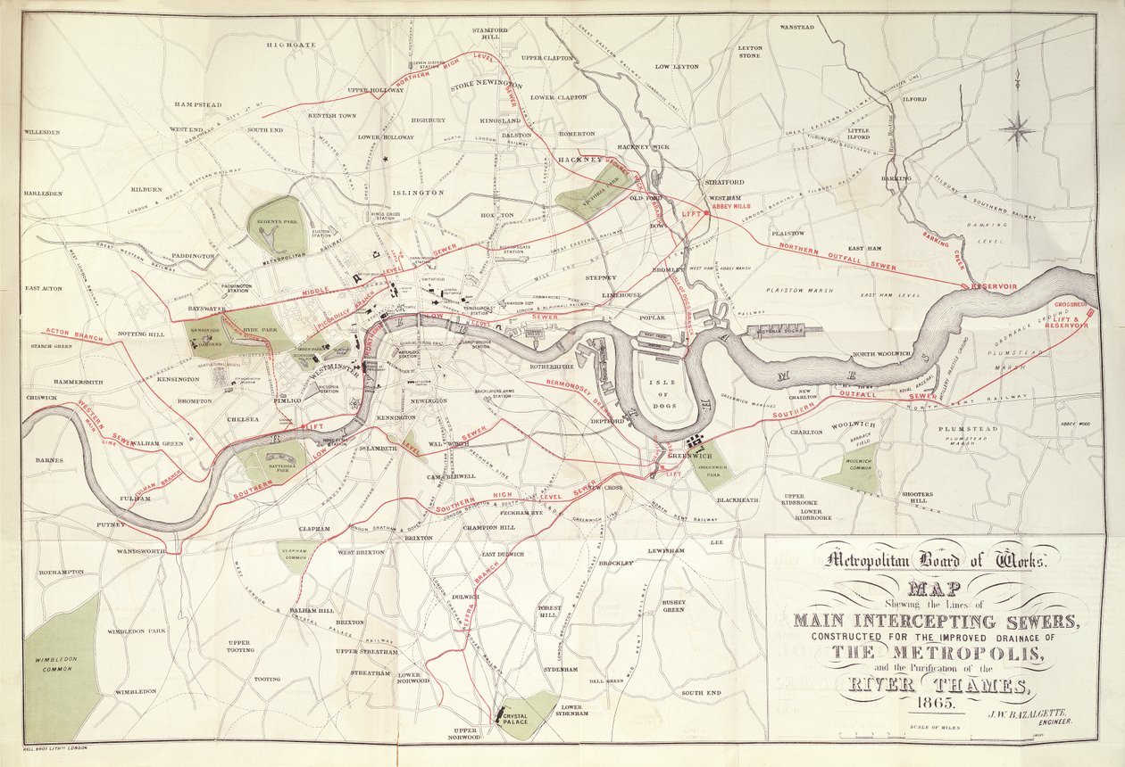 Mappa del Metropolitan Board of Works del piano di Bazalgette per le Linee dei Principali Fognature Intercettanti, costruite per il Miglioramento del Drenaggio della Metropoli da Unknown artist