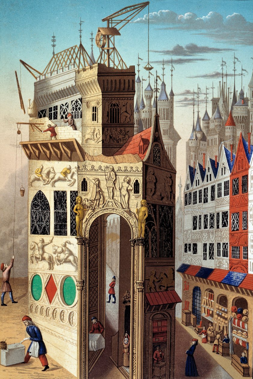 Medioevo: scena di strada nel XV secolo. Commercianti e lavoratori in una strada, XX secolo (illustrazione) da Unknown Artist