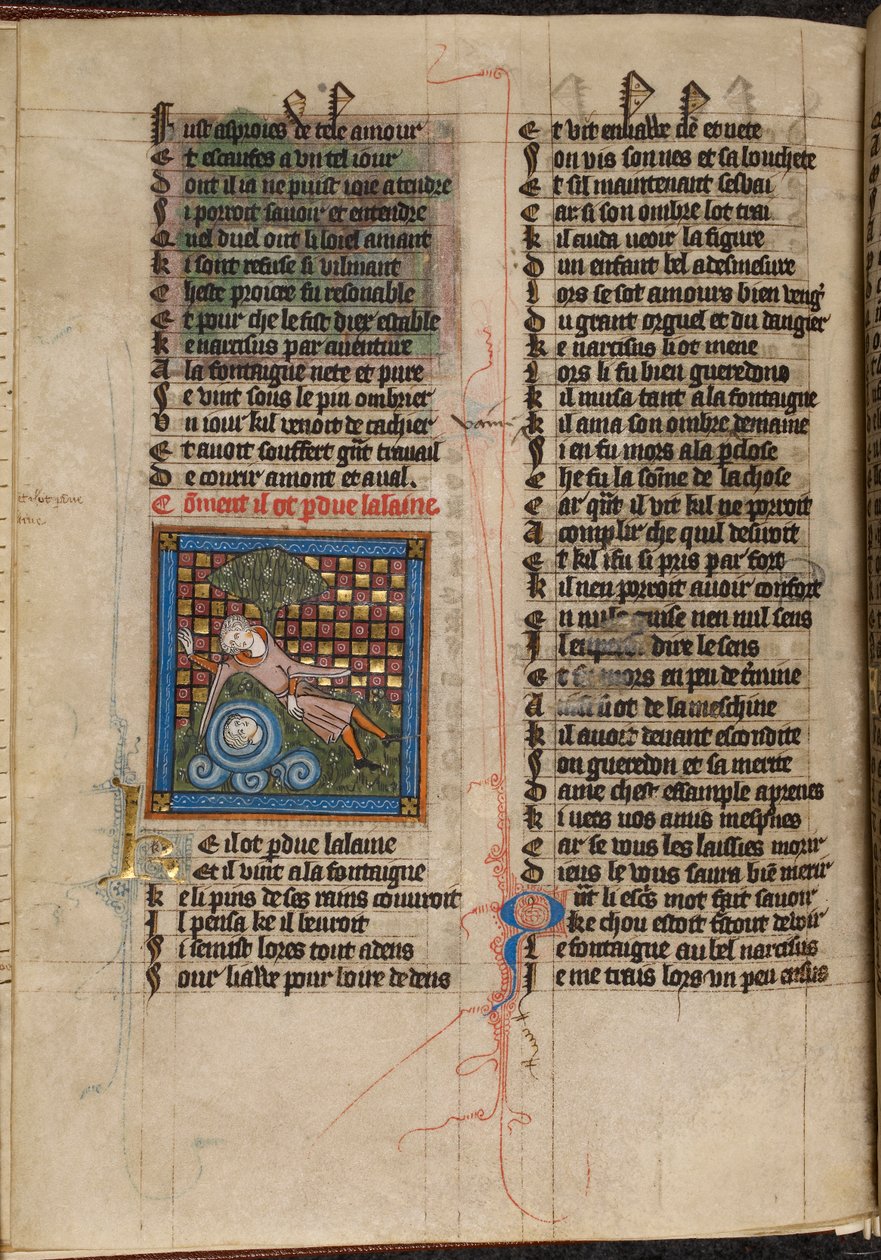 Miniatura di Narciso che ammira il suo riflesso in una fontana, da 
