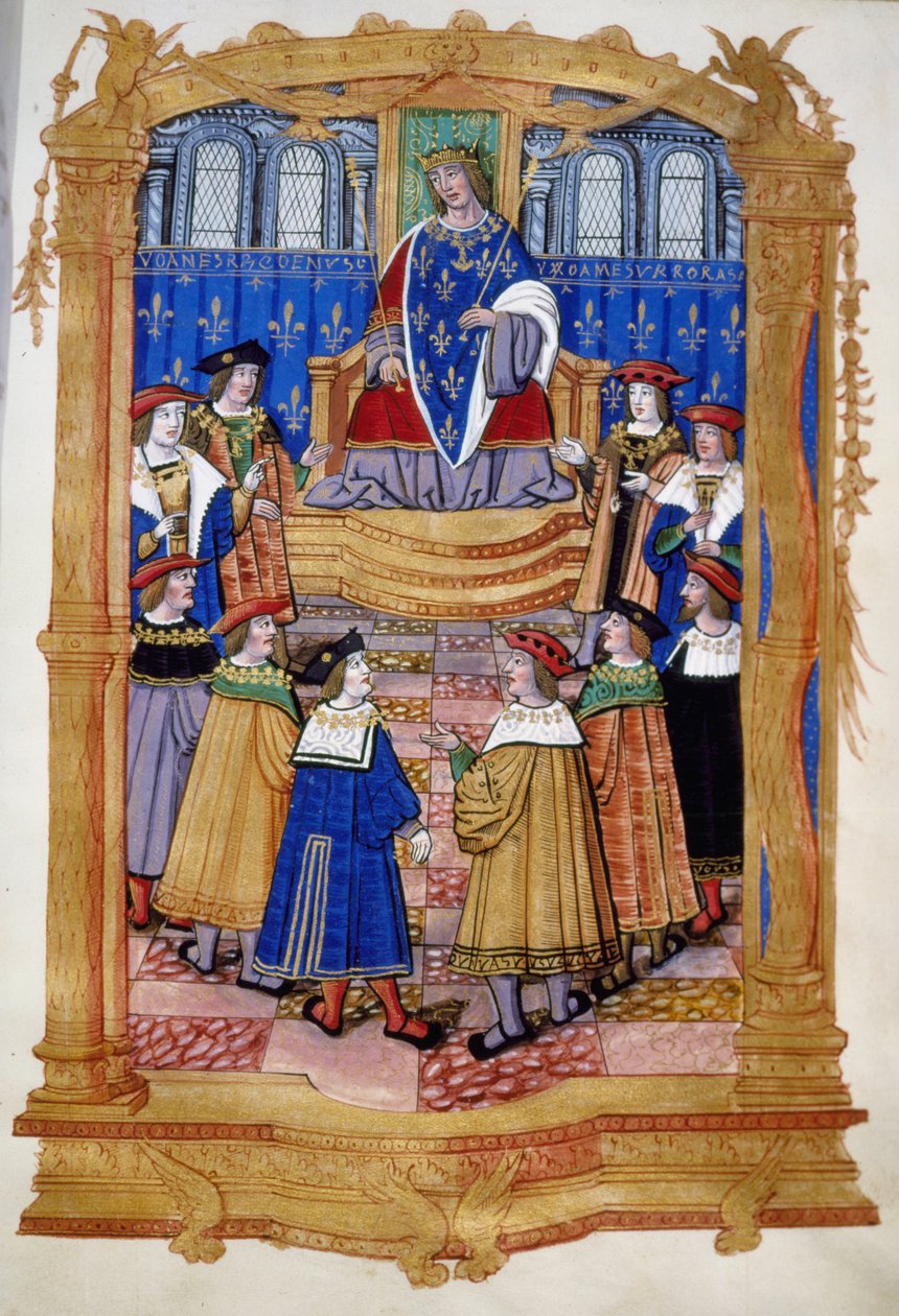 Miniatura del XV o XVI secolo raffigurante Luigi XI (1423-1483) e i cavalieri dell