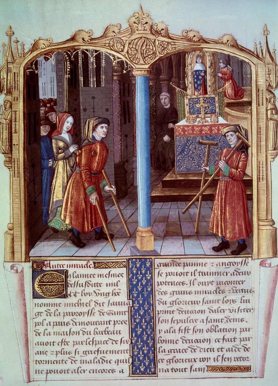 Miracolo di San Luigi (1214-1270): un guerriero zoppo con stampelle. Miniatura in 