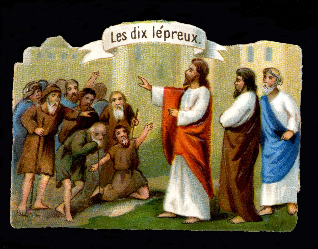 Miracoli di Gesù. Cristo guarisce i lebbrosi. Cromolitografia del XIX secolo da Unknown artist