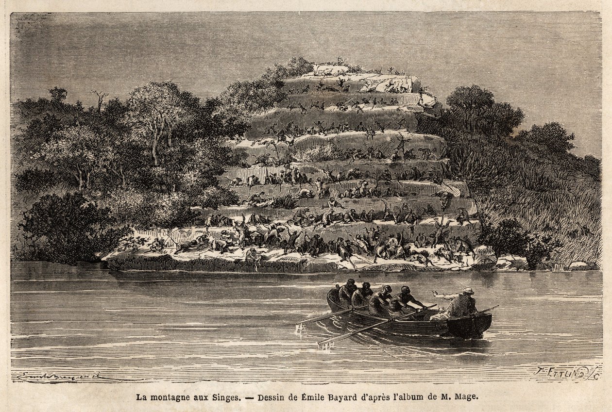 Monte delle Scimmie, lungo il fiume Senegal, poco dopo le cascate di Gouina (Mali). Incisione per illustrare il racconto del viaggio del tenente Mage nel Sudan occidentale tra il 1863 e il 1866, pubblicato in "Le tour du monde, nouveau journal des voyages" da Unknown artist