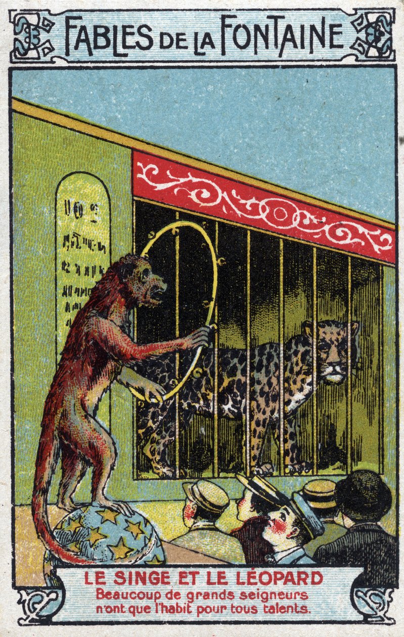 La scimmia e il leopardo - Favole di Jean de La Fontaine (1621-95) - Cromolitografia della fine del XIX secolo Collezione Privata da Unknown artist