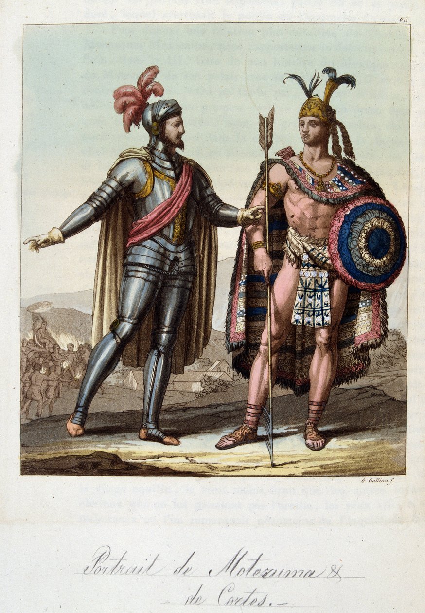 Montezuma II, re azteco, e Hernan (o Hernando) Cortes o Fernand Cortez (1485-1547), conquistador spagnolo - in "Il costume antico e moderno" di Ferrario, ed. Milano da Unknown artist
