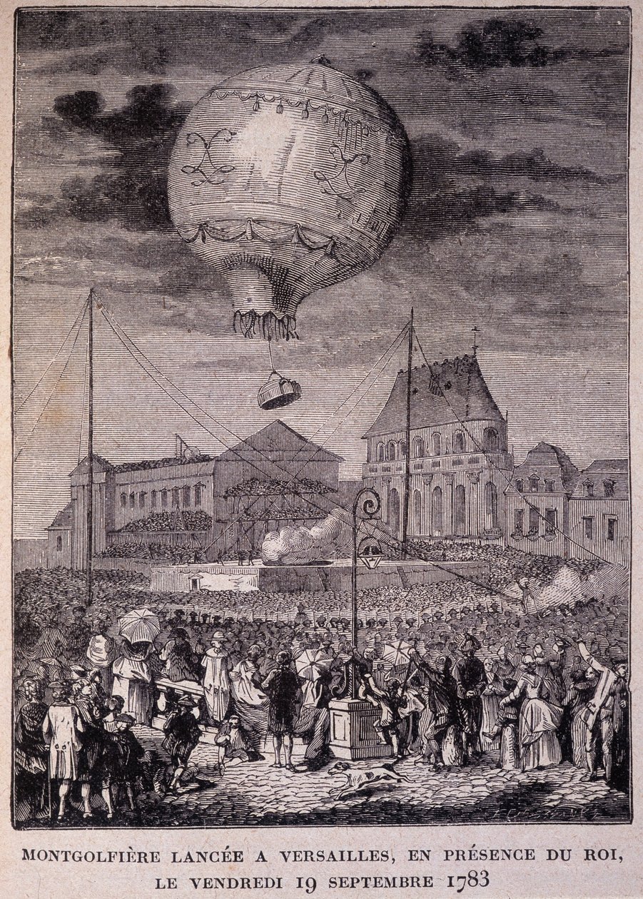 Mongolfiera lanciata a Versailles, alla presenza del Re (Luigi XVI), venerdì 19/09/1783 - in "I Contemporanei", fine XIX secolo da Unknown artist