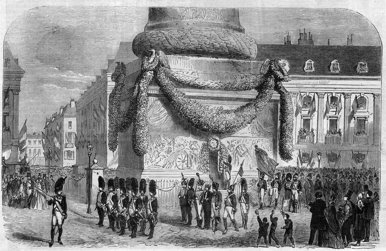 Mattina della festa nazionale del 15 agosto 1864 ai piedi della colonna di Place Vendome a Parigi. Incisione in "L
