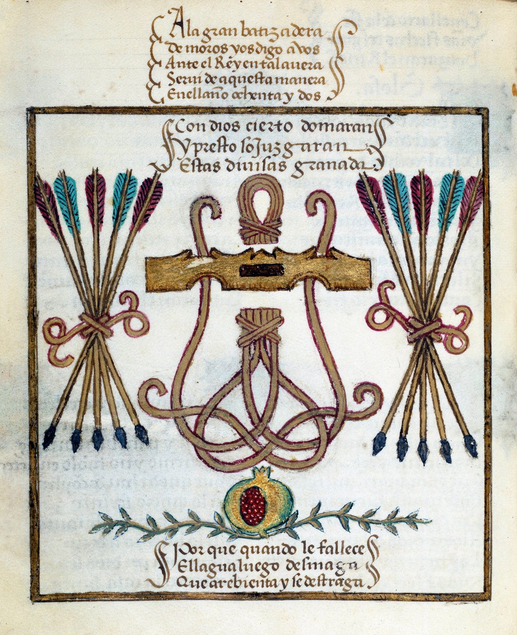 Motto dei re cattolici. Emblema dei re cattolici. Miniatura in "Devocionario de la Reyna Da Juana a Quien Llamaron la Loca" di Pedro Marcuello da Unknown artist