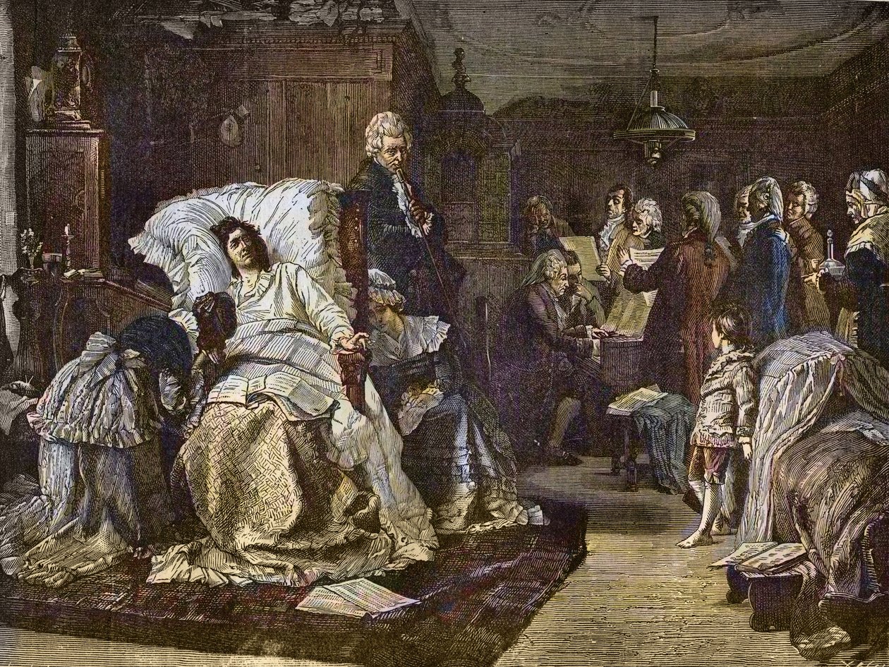 Gli ultimi giorni di Mozart dal dipinto di Hermann Kaulbach (1846-1909) - Gli ultimi momenti di Mozart - incisione in 
