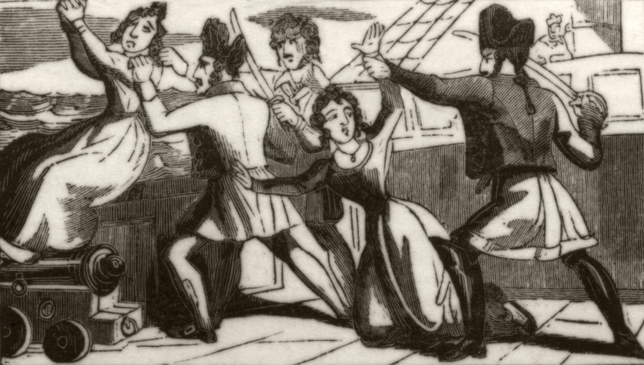 La signora Glass e sua figlia implorano i pirati di risparmiare le loro vite, c.1836 da Unknown artist