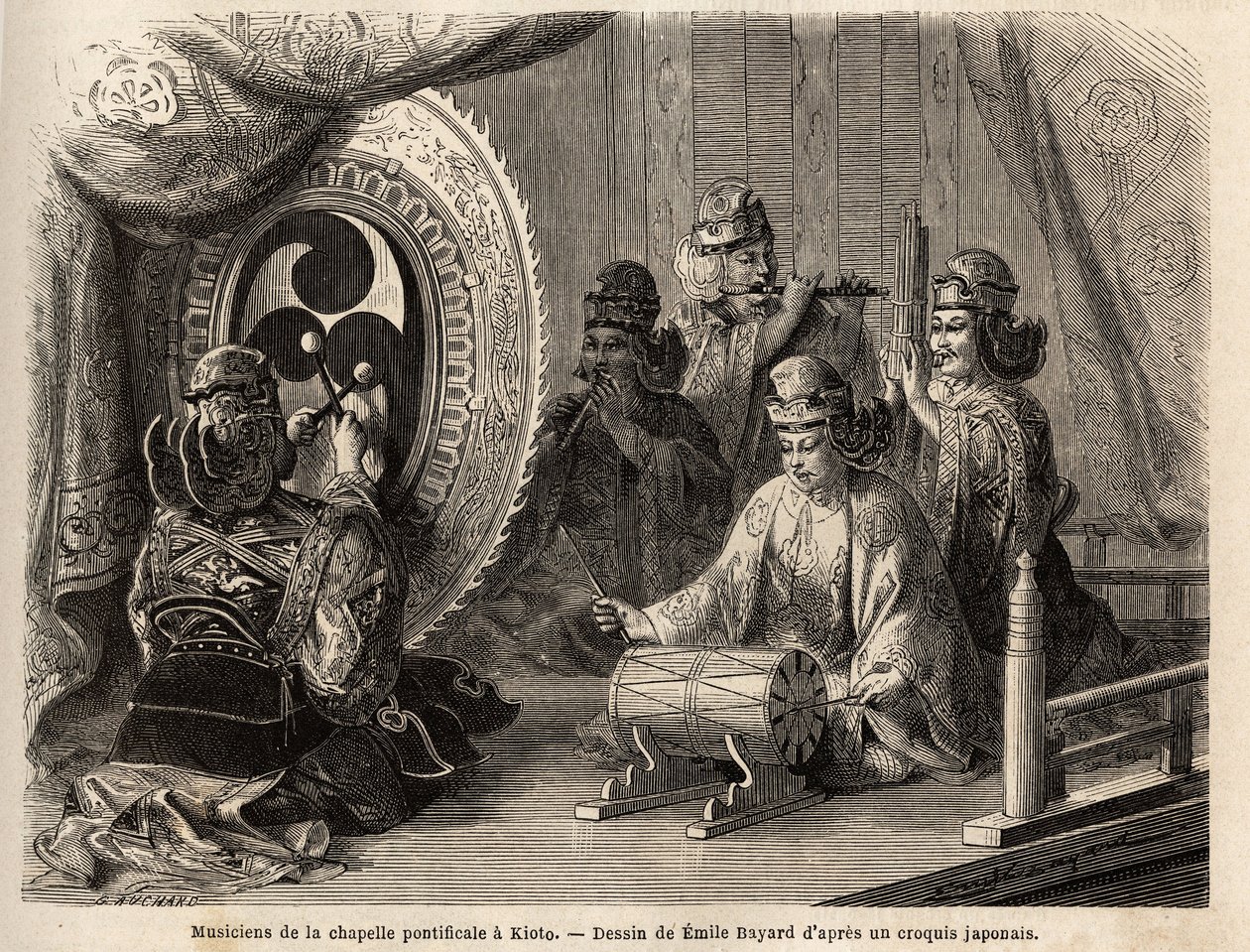 Musicisti della cappella pontificia a Kyoto (o Kioto), che suonano cinque strumenti sacri, flauto traverso e flauto di pan, conchiglia marina, timpani e kakdaiko, il gong originale. Incisione per illustrare il viaggio in Giappone nel 1863-1864, di Aime Hum da Unknown artist