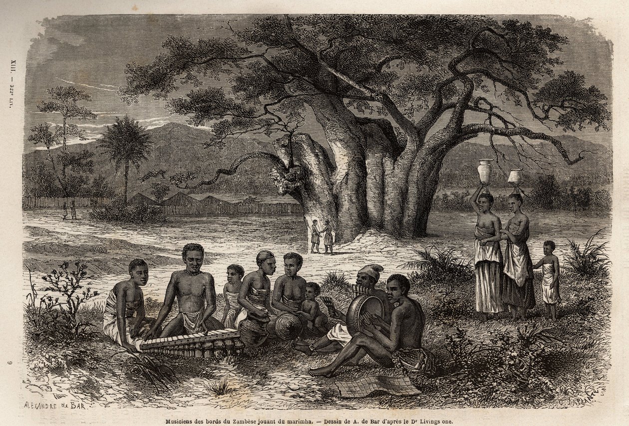 Musicisti che suonano la marimba sulle rive del fiume Zambesi. Incisione per illustrare i primi viaggi del Dr. Livingstone nell