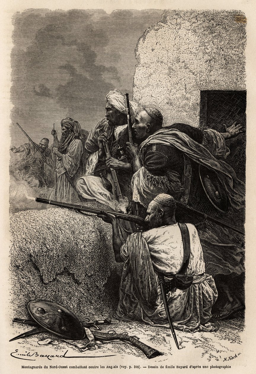 Montanari musulmani reinsediati nelle montagne di Svat, che combattono una spedizione inglese nel 1863 per fermare i saccheggi dei villaggi della regione. Incisione per illustrare la storia del Pandjab e del Kashmir, di Guillaume Lejean nel 1866, pubblicat da Unknown artist
