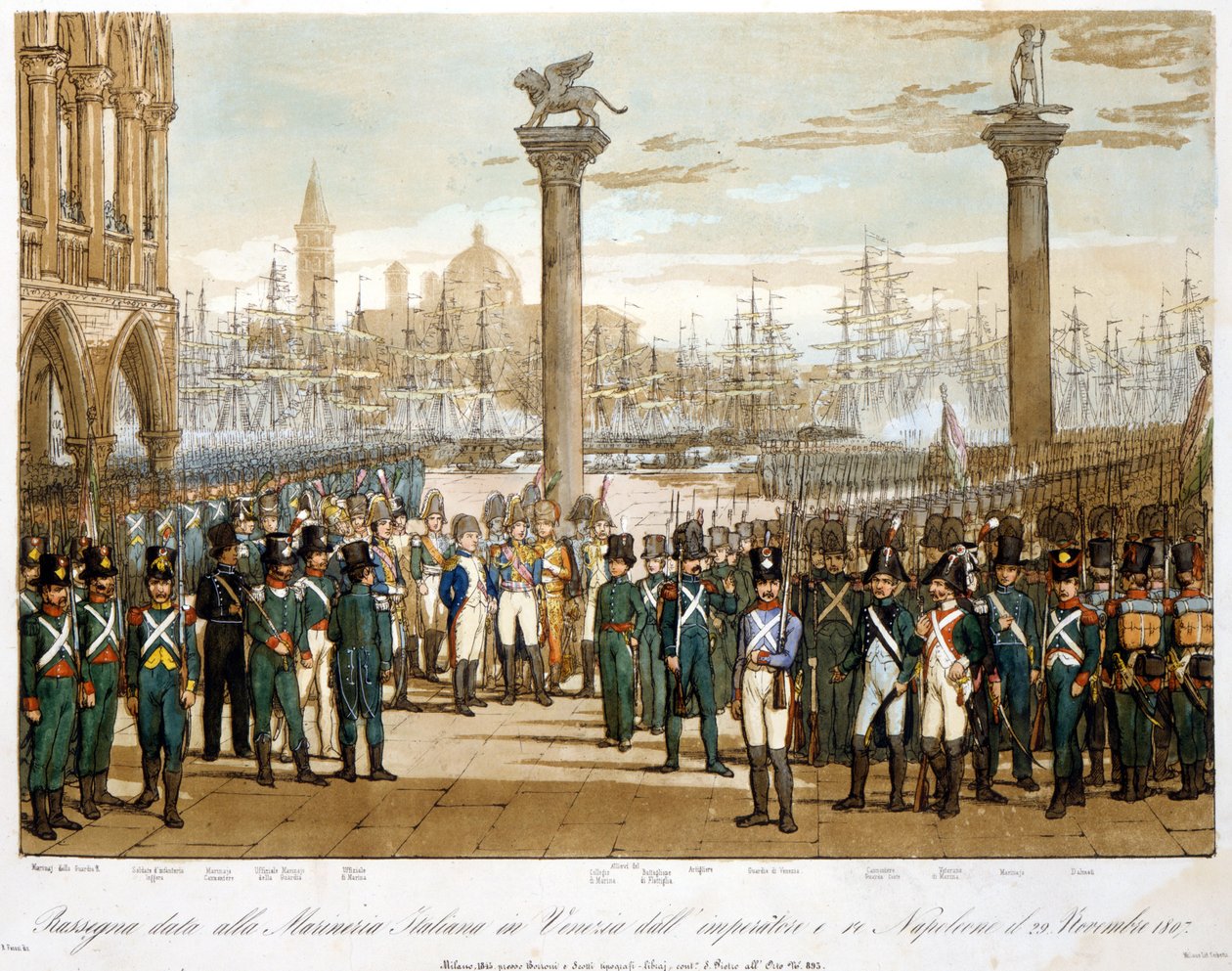Napoleone I a Venezia il 29 novembre 1807 davanti alla marina italiana. Incisione del 1845 da Unknown artist