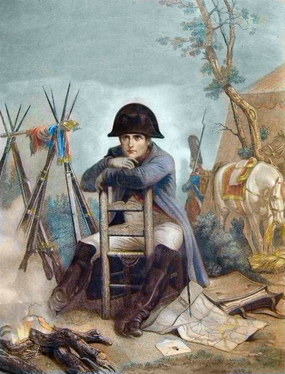 Napoleone al Bivacco la Vigilia della Battaglia di Austerlitz - incisione di Philippoteaux - Napoleone al Bivacco. La Battaglia di Austerlitz (1805), conosciuta anche come la Battaglia dei Tre Imperatori da Unknown artist