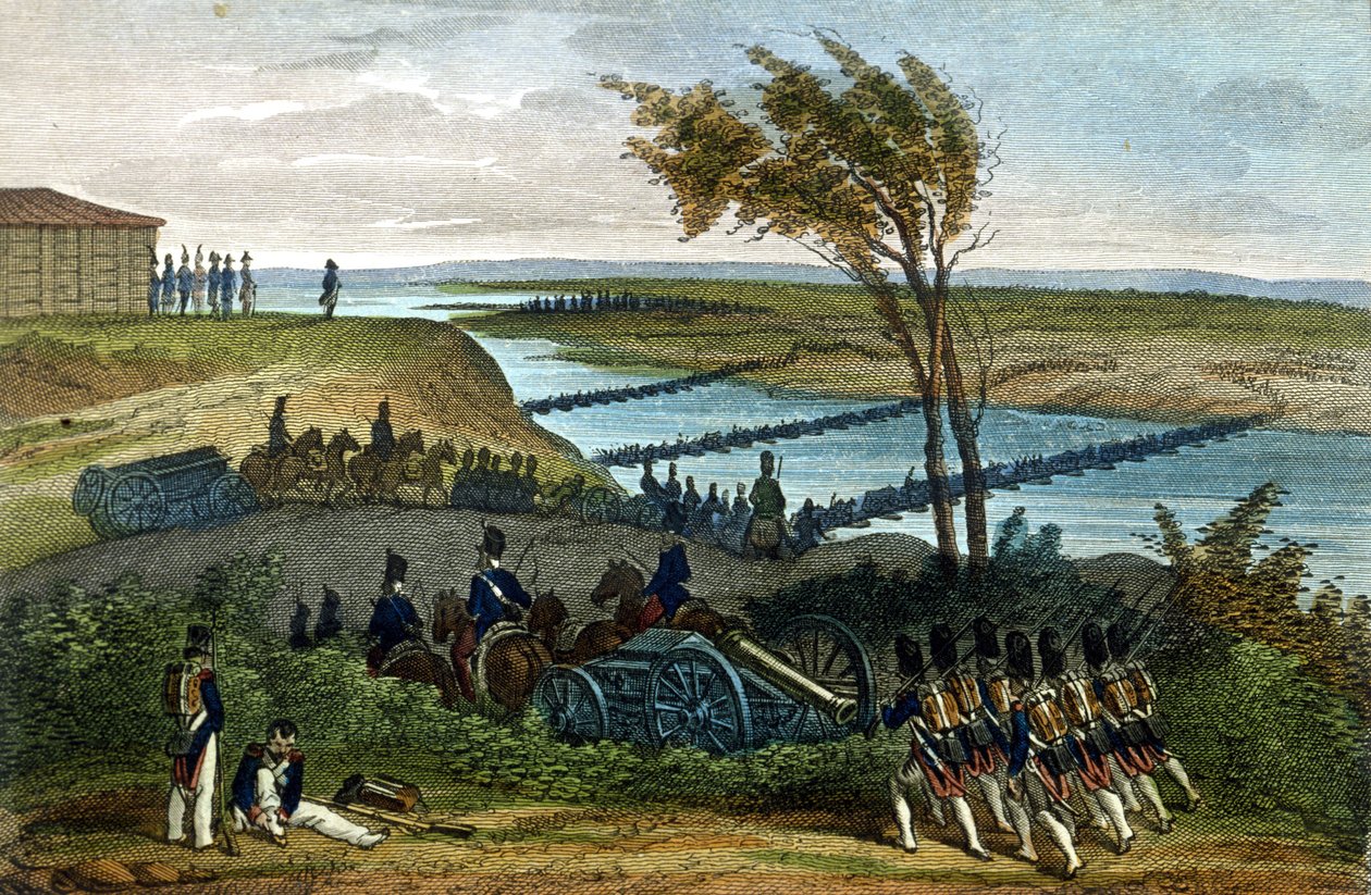 Guerra napoleonica: Campagna di Russia. Passaggio del fiume Niemen (Dnjemen) il 24/06/1812, che separa i due imperi. Incisione del XIX secolo. da Unknown artist