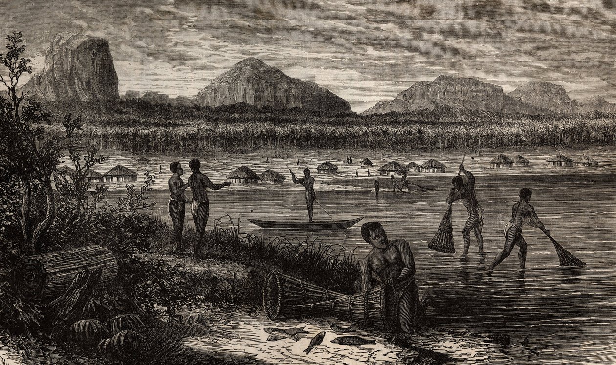 Vicino alle cascate del Rovuma (Mozambico), attività di pesca. Incisione per illustrare i primi viaggi del Dr. Livingstone in Africa meridionale dal 1840 al 1856, in 