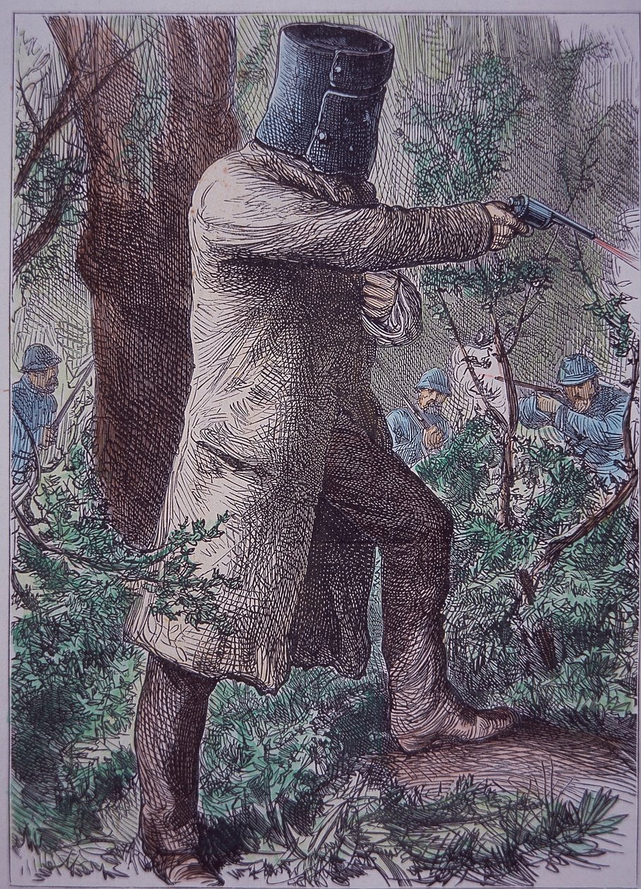 Ned Kelly, con la sua caratteristica armatura, nella resa dei conti finale con la polizia, 28 giugno 1880 da Unknown artist