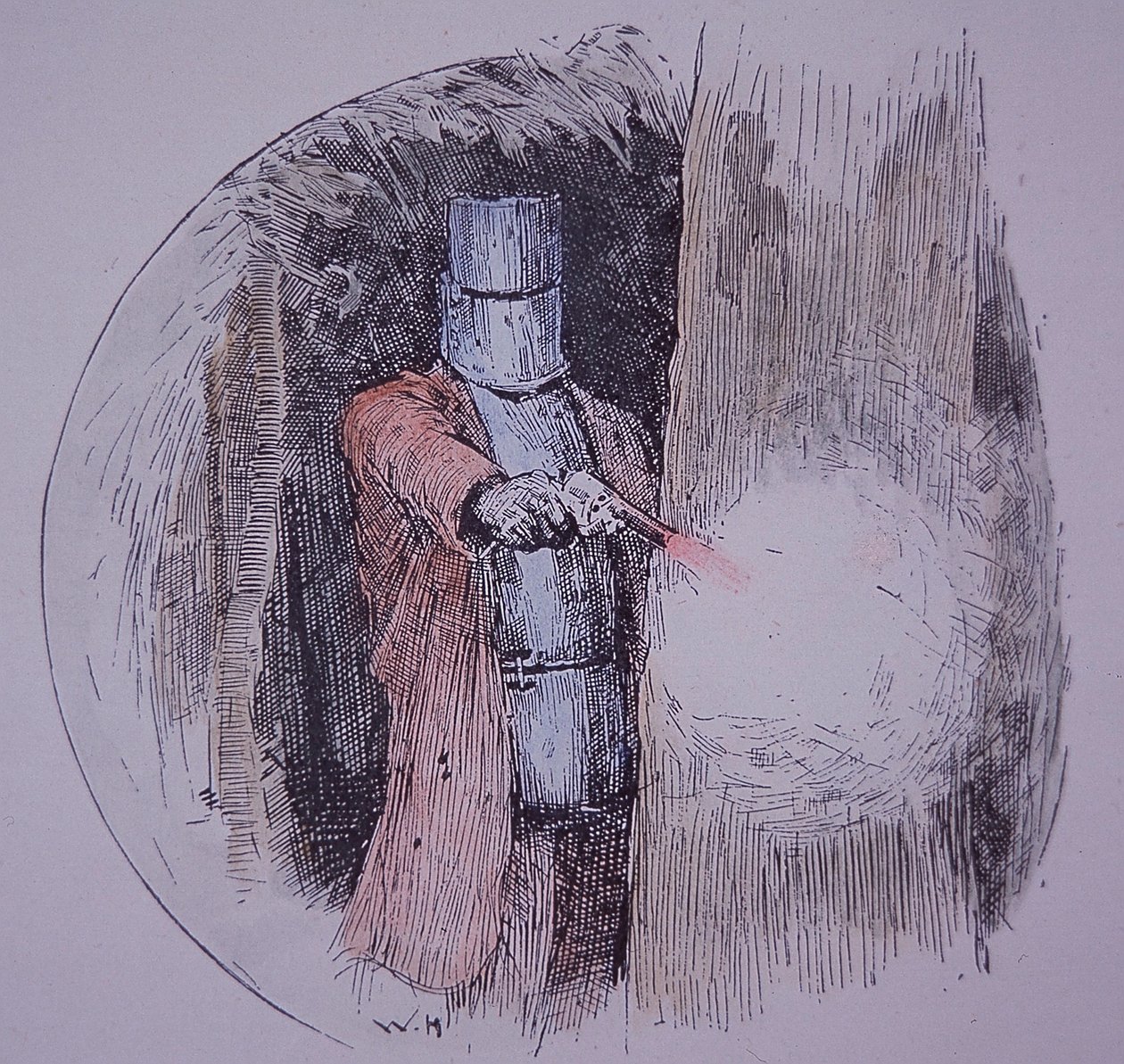 Ned Kelly con la sua armatura fatta in casa, in confronto con la polizia (incisione colorata a mano) da Unknown artist