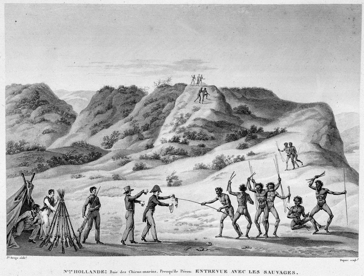 Nuova Olanda, Baia dei Cani Marini, penisola di Peron: incontro con gli indiani (incontro tra aborigeni e coloni) - incisione, inizio XIX secolo da Unknown artist