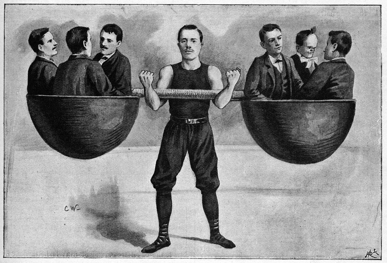 Nino giovane italiano di 24 anni al circo invernale che porta sei uomini nel suo braccio. Da una foto del 1898 da Unknown artist