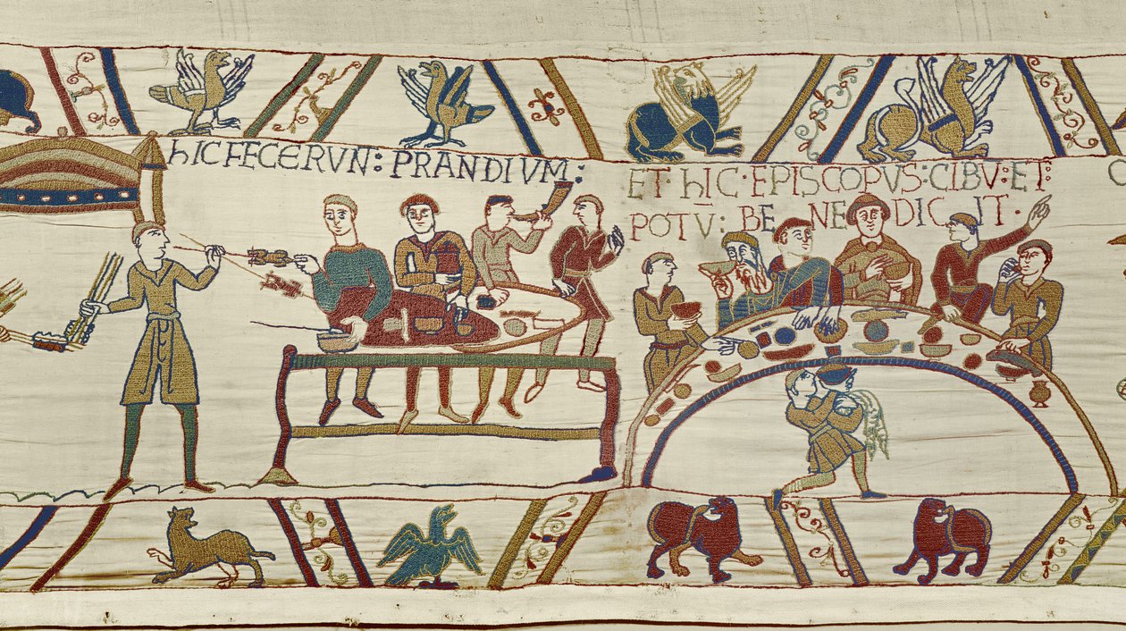 Servitori normanni preparano un banchetto per Guglielmo e il vescovo Odo benedice il pasto, Arazzo di Bayeux da Unknown artist