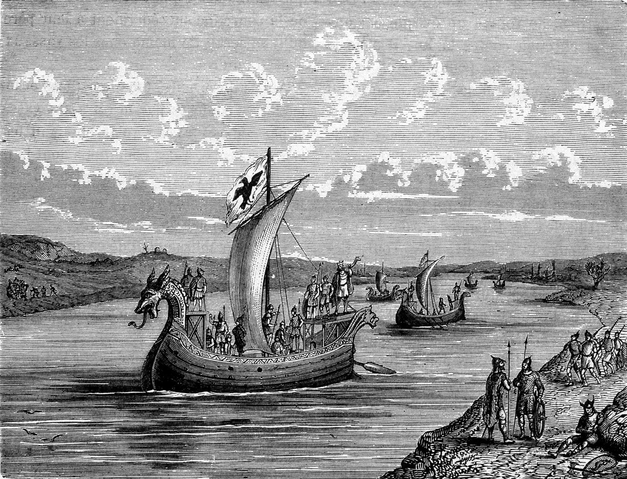 Navi normanne risalenti un fiume - incisione da Unknown artist