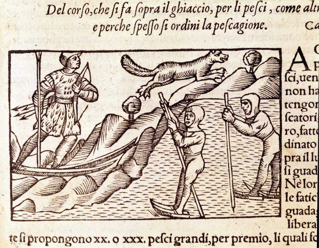 Cacciatori norvegesi che si muovono sugli sci. Incisione di Olaus Magnus (1490 - 1557), religioso e geografo svedese, "Historia de Gentis Septentrionalibus", Venezia da Unknown artist