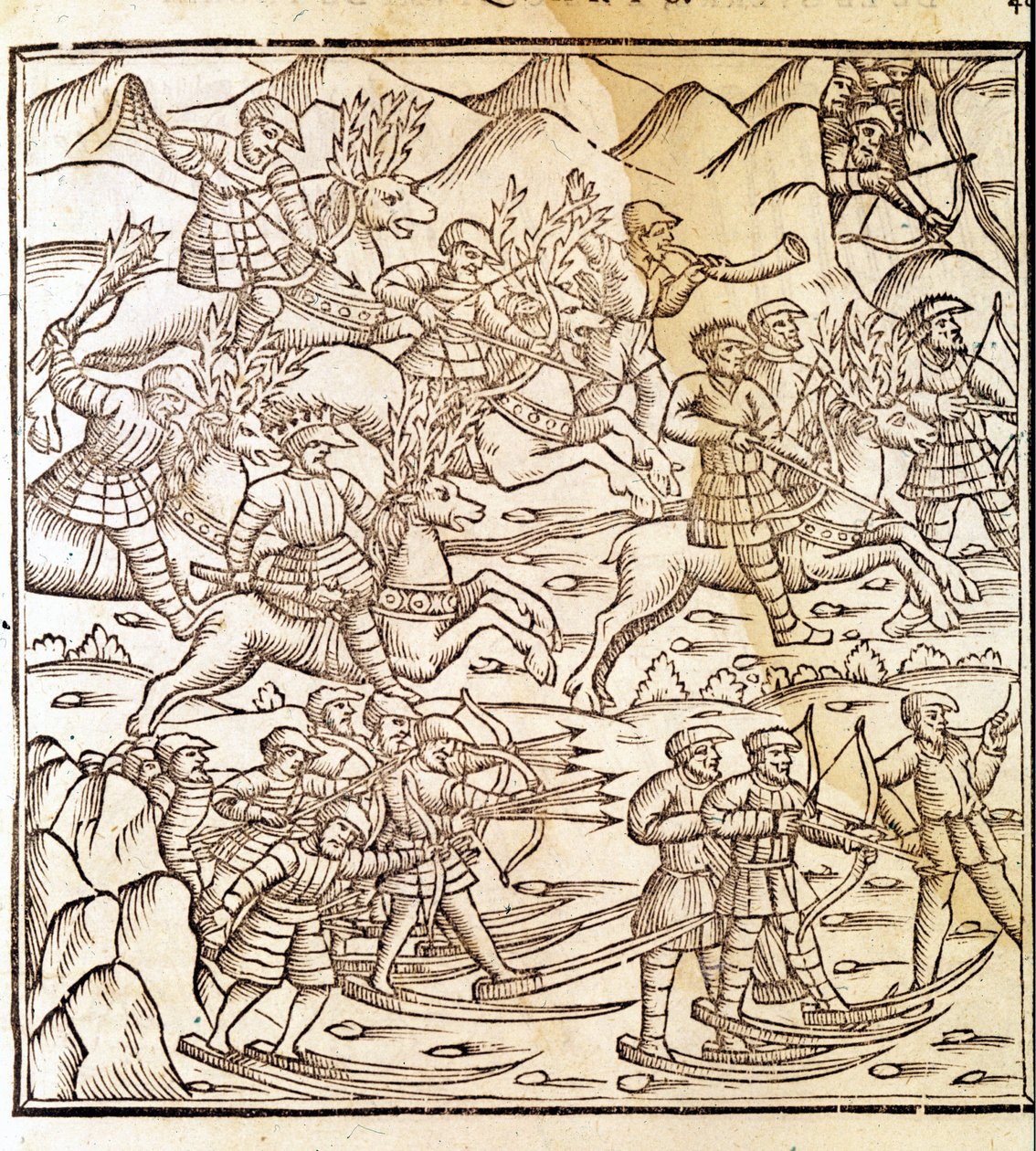 Cacciatori norvegesi che viaggiano sugli sci e renne. Incisione di Olaus Magnus (1490 - 1557), religioso e geografo svedese, "Historia de Gentis Septentrionalibus", Venezia da Unknown artist