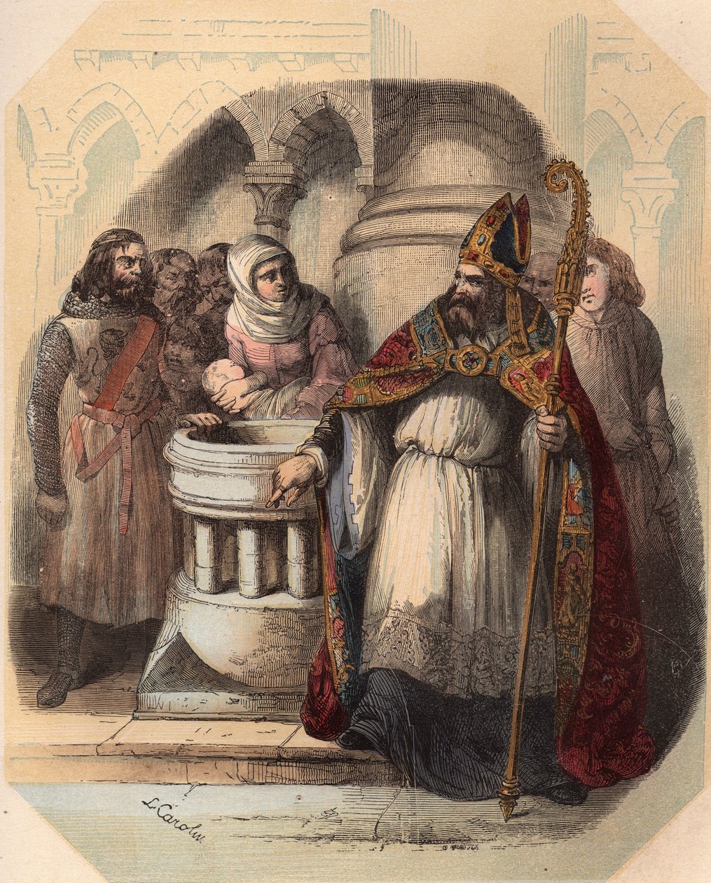 Notger (930-1008) (Notker di Liegi), vescovo di Liegi, durante il battesimo di Ottone III (980-1002), Re di Germania. Incisione del 1868 in "Histoire de Belgique dai tempi primitivi alla fine del regno di Leopoldo I" di Théodore Juste (1818-1888). Collezio da Unknown artist