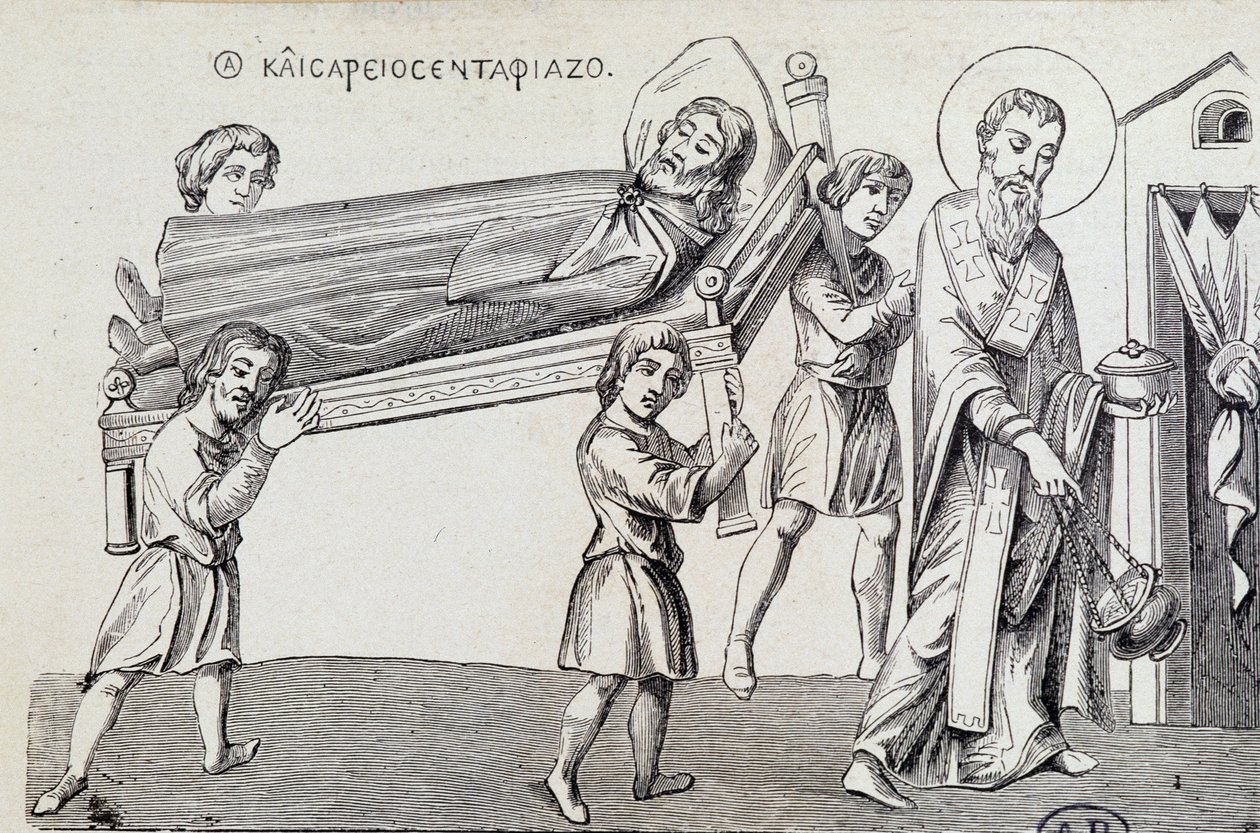 Esequia di San Cesario da parte di suo fratello San Gregorio, da un documento greco del IX secolo da Unknown artist