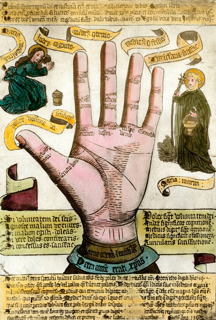 Scienze occulte: la mano con le sue linee per leggere il futuro. Tavola tratta da una chiromanzia da Unknown artist