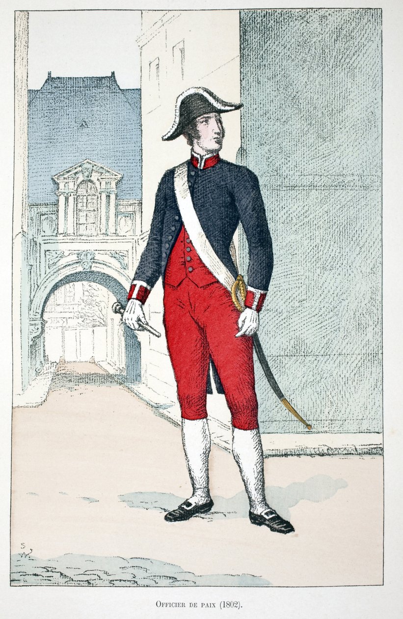 Ufficiale di Pace (1802). Acquaforte a colori, per illustrazione “Histoire du corps des gardiens de la paix” libro pubblicato sotto gli auspici di Louis Lepine (1846-1933) prefetto di polizia della Senna, di Alfred Rey (1864-?) e Louis Feron (1862-?) da Unknown artist