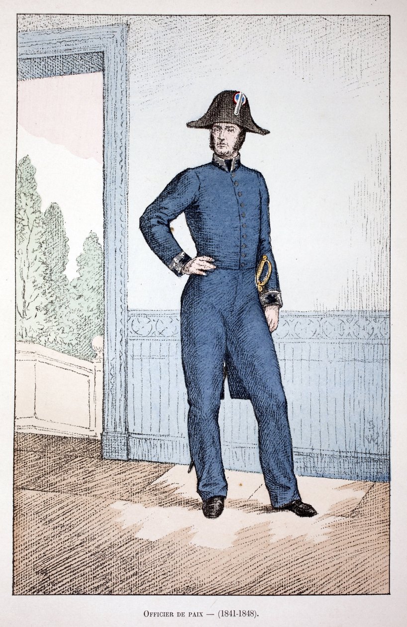 Ufficiale di Pace (1841-1848). Acquaforte a colori, per illustrazione “Histoire du corps des gardiens de la paix” libro pubblicato sotto gli auspici di Louis Lepine (1846-1933) prefetto di polizia della Senna, di Alfred Rey (1864-?) e Louis Feron (1862-?) da Unknown artist