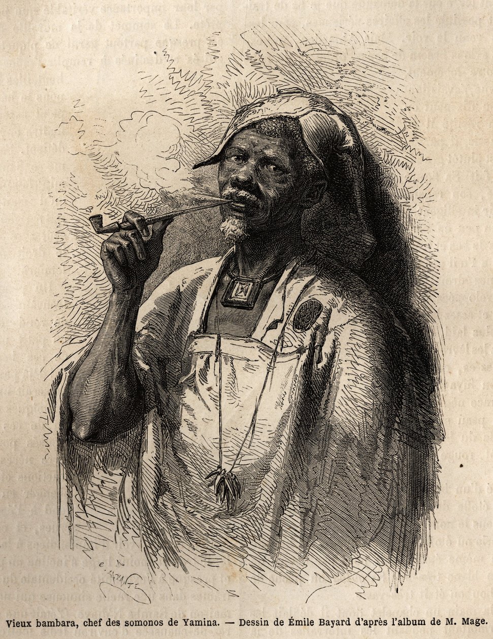 Vecchio Bambara, capo tribù a Yamina (Niger) che fuma la pipa e indossa il copricapo tradizionale del suo tribù. Incisione per illustrare il viaggio nel Sudan occidentale del tenente (Marina) M. Mage, 1863-1866, pubblicato in "Le tour du monde, nouveau jou da Unknown artist