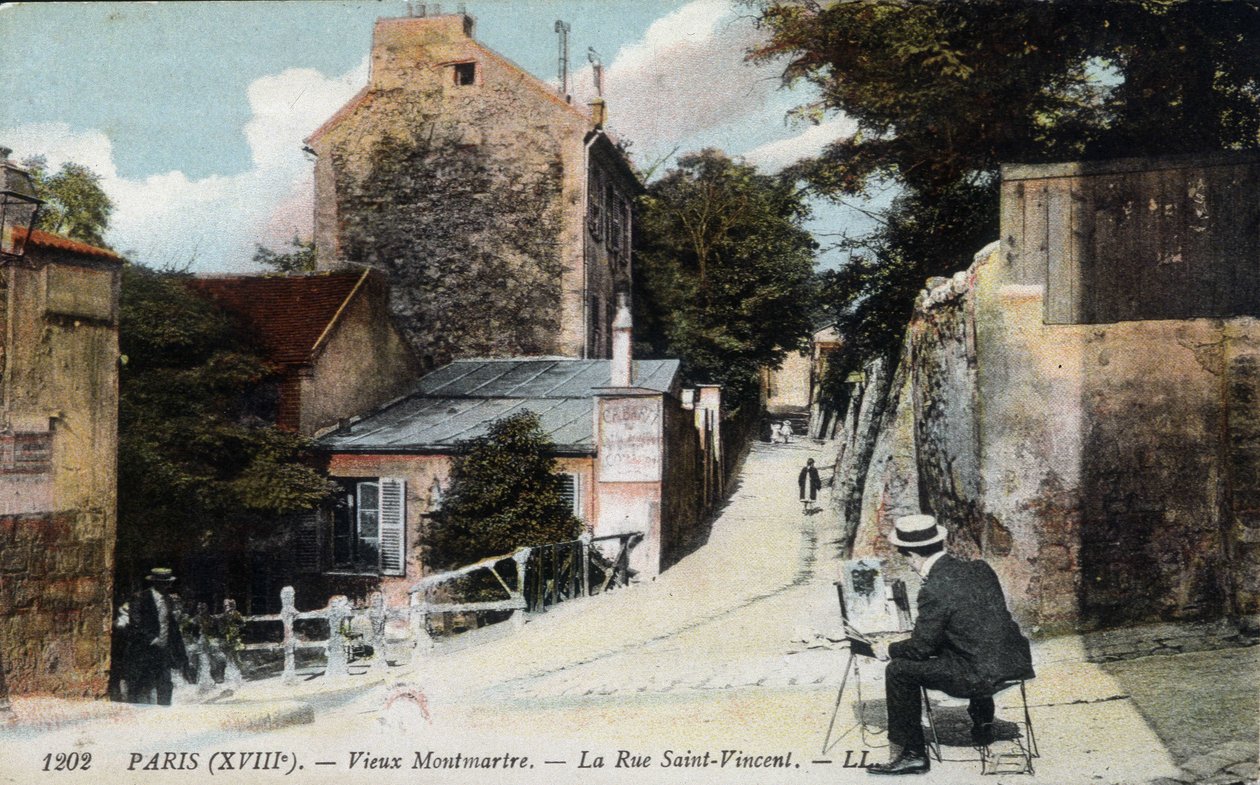 Vecchia Montmartre: un pittore in via Saint Vincent. In arancione il cabaret "Il Coniglio Agile" - Cartolina postale, deb. XX secolo. da Unknown Artist