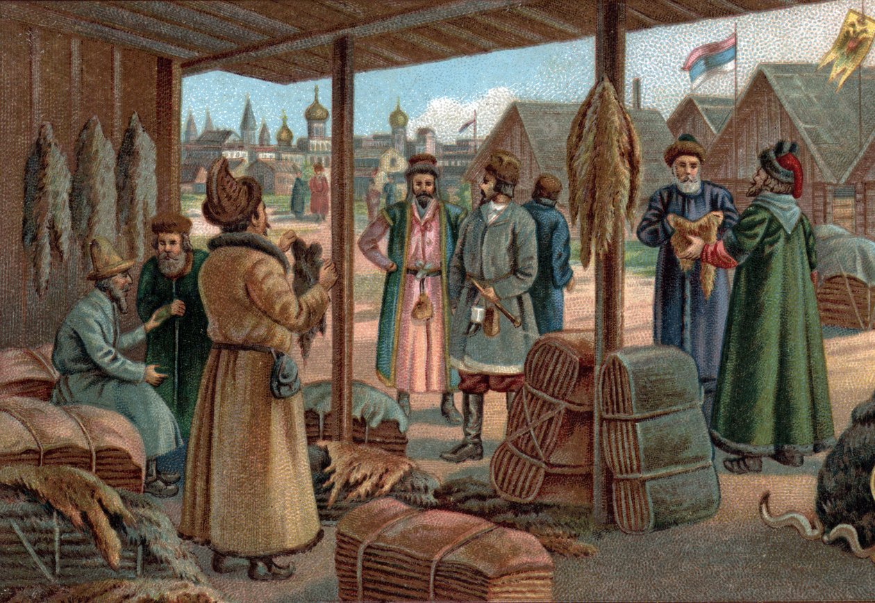 Antichi centri commerciali: Fiera delle pellicce a Novgorod, Russia nel XIX secolo. Cromolitografia della fine del XIX secolo. da Unknown artist