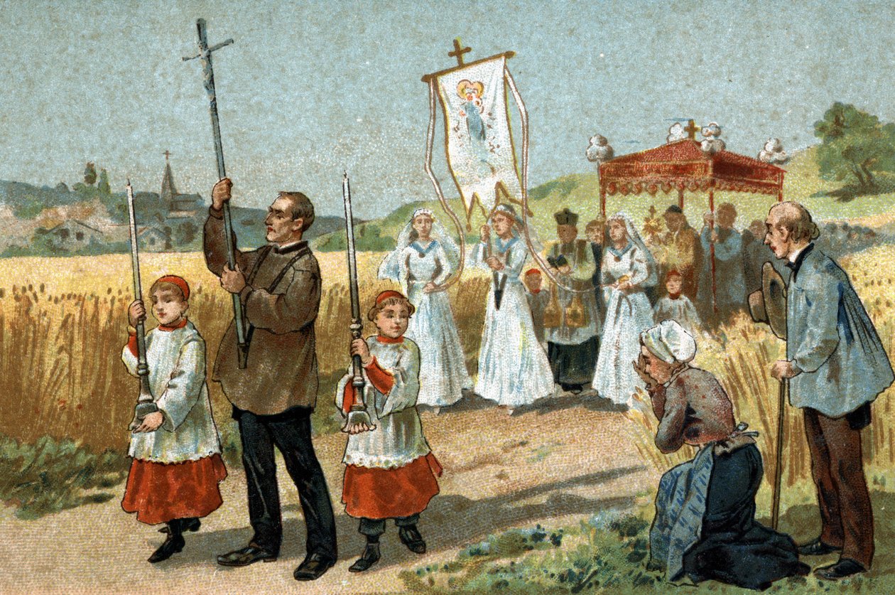 Antica usanza celebrata nella regione del Berry: la processione nel grano. Festa religiosa. Cromolitografia della fine del XIX secolo da Unknown artist