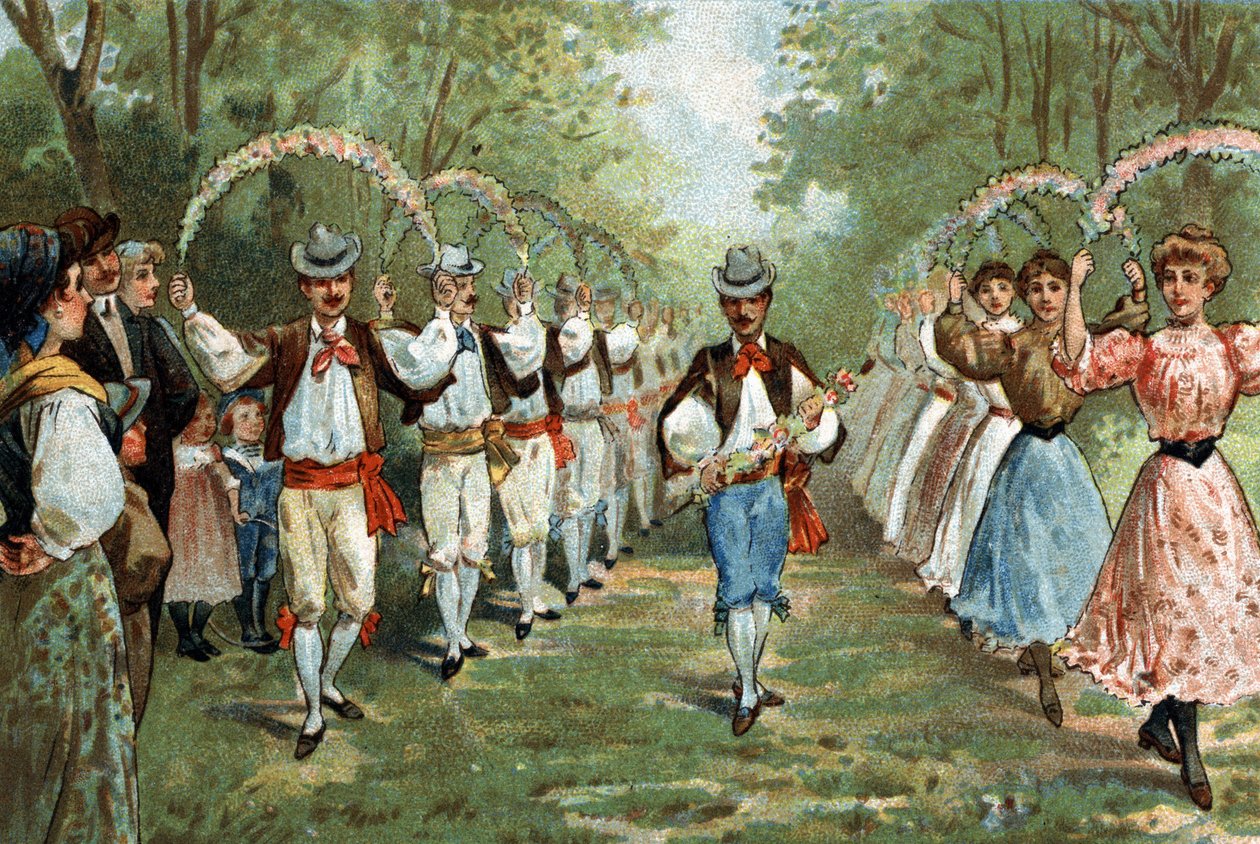 Antica usanza celebrata nella regione del Languedoc: la danza delle trellas. Cromolitografia della fine del XIX secolo da Unknown artist