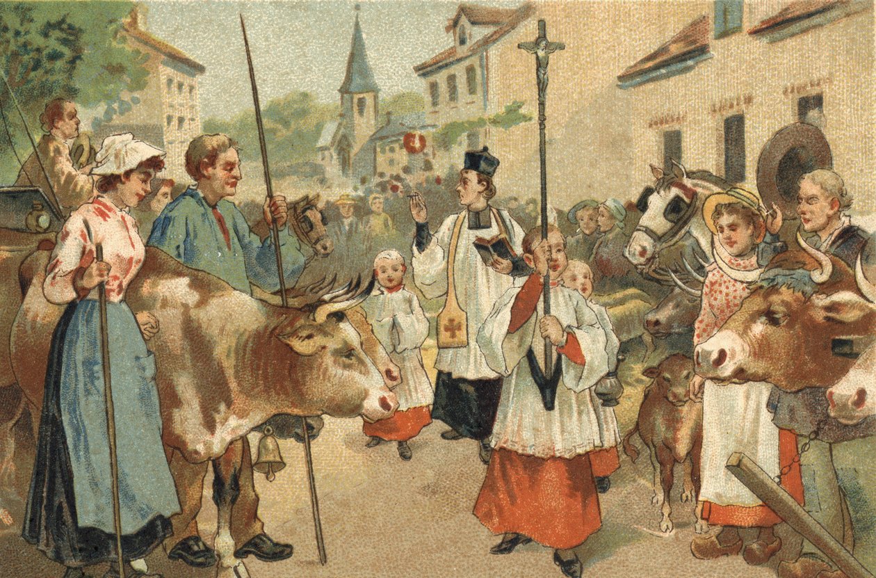 Antica usanza celebrata nella regione del Nivernais: la benedizione delle mandrie. Cromolitografia della fine del XIX secolo da Unknown artist