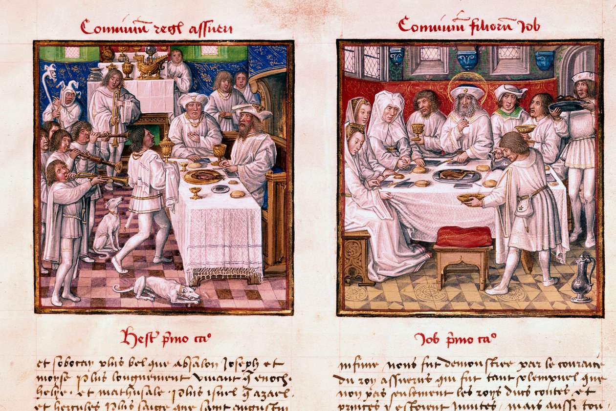 A sinistra la festa di Assuero I (Serse I). A destra, la festa dei figli di Giobbe da Unknown artist