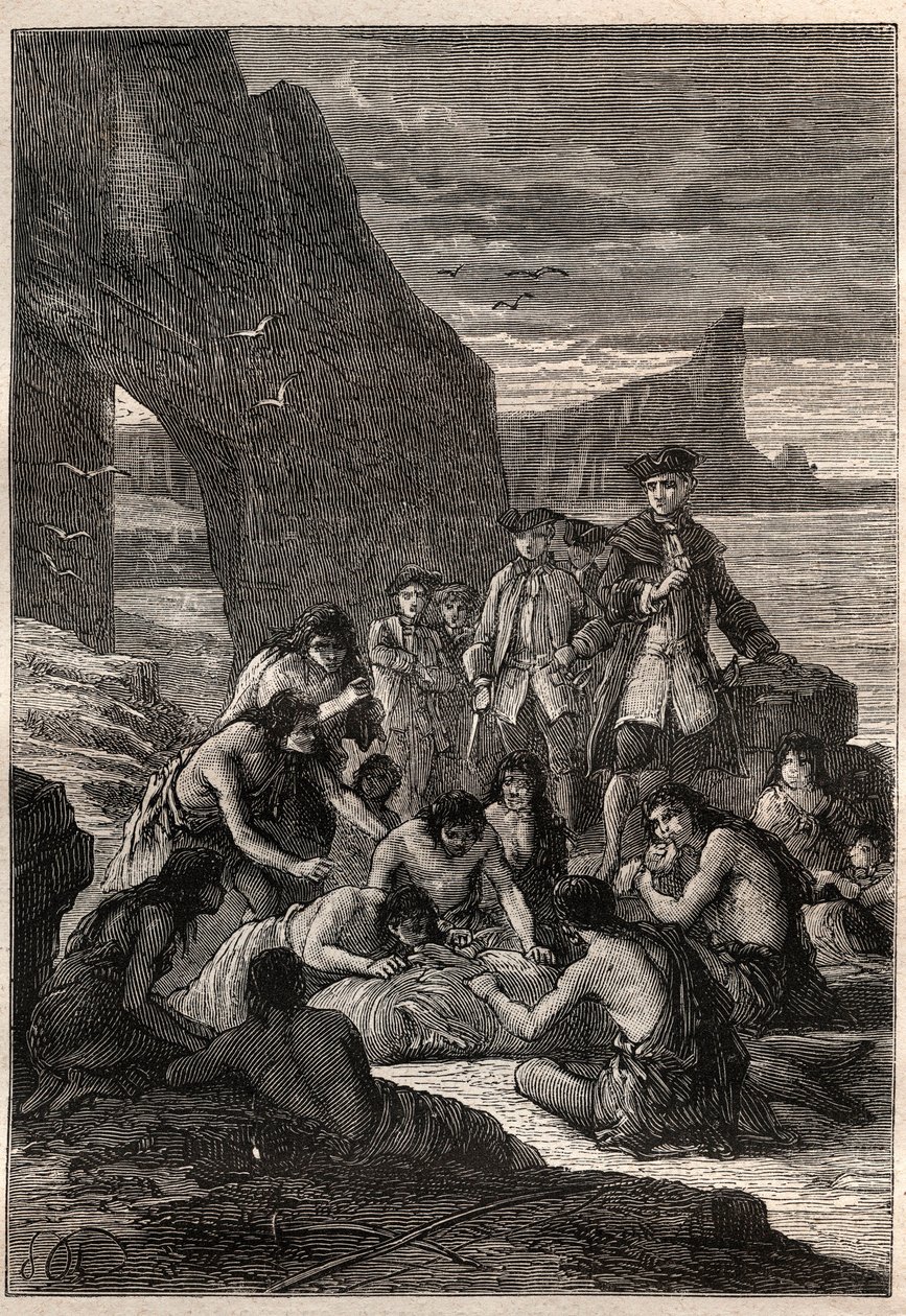 Uno di loro tagliava con i denti: il viceammiraglio John Byron (1723-1786) su una delle isole dello Stretto di Magellano - i Fuegini (abitanti della Terra del Fuoco) tagliano con i denti una balena che era stata strappata e pietrificata sulla spiaggia - il da Unknown artist
