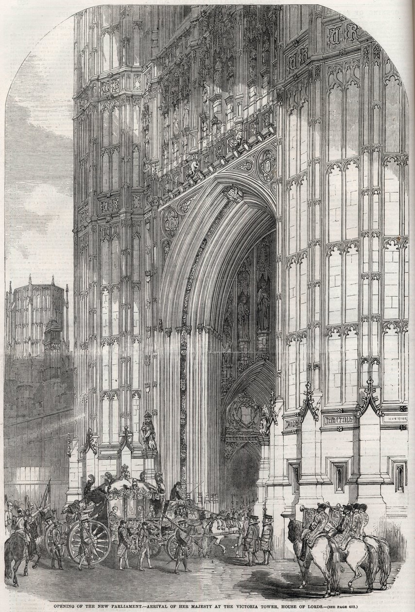 Apertura del nuovo parlamento - arrivo di sua maestà alla torre Victoria, Camera dei Lord 1852 da Unknown artist