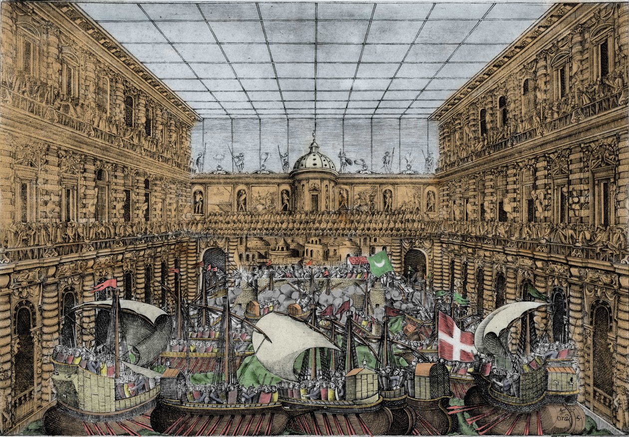 Orazio Scarabelli, Spettacolo di battaglia navale (naumachia) nel cortile di Palazzo Pitti a Firenze (Palazzo Reale della famiglia Medici, Granduchi di Toscana) Naumachia nel cortile di Palazzo Pitti, Firenze da Unknown artist