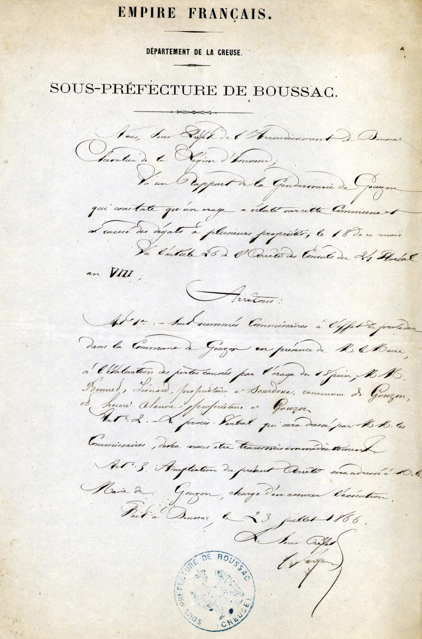 Ordine della Sotto-Prefettura della Creuse (Arrondissement di Boussac) del 23 luglio da Unknown artist