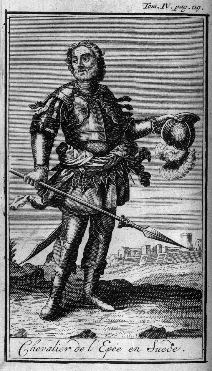 Ordini di Cavalleria. Cavaliere della Spada in Svezia nel XVI secolo. In "Storia degli ordini militari o cavalieri, delle milizie secolari e regolari di entrambi i sessi, che sono stati istituiti fino ad ora. Edizione tratta da Abate Giustiniani, R.P. Bona da Unknown artist