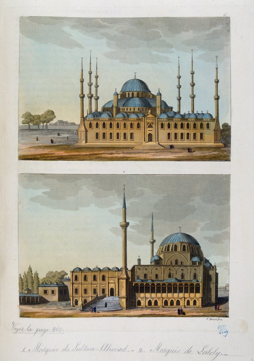 Impero Ottomano: Moschea Blu (o Sultanahmet Camii) costruita da Sultan Ahmet I e Moschea di Laleli a Istanbul - in "Il costume antico e moderno" di Ferrario, ed Milano da Unknown artist