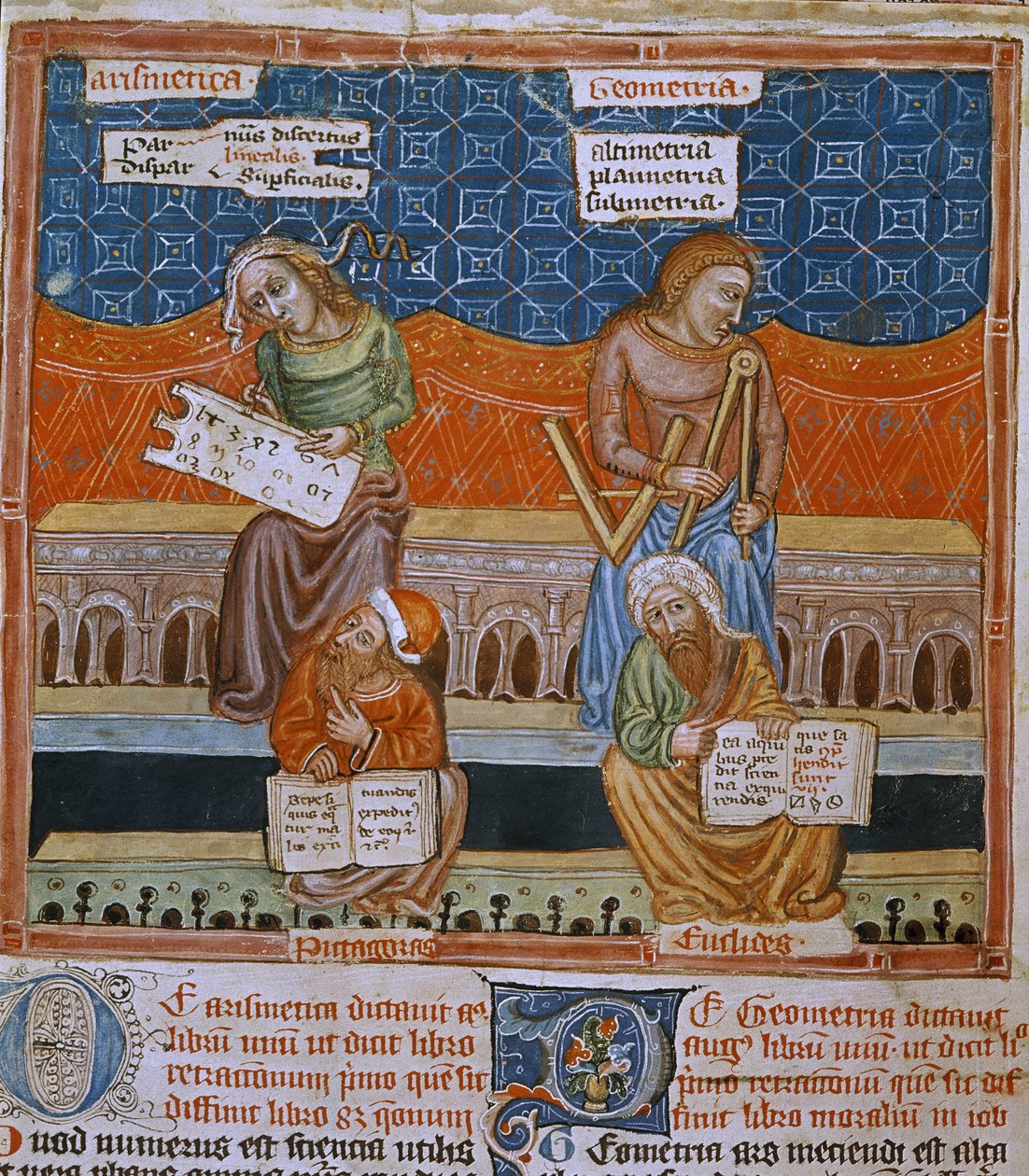 Pagina di un manoscritto che rappresenta le allegorie di Aritmetica e Geometria da Unknown artist