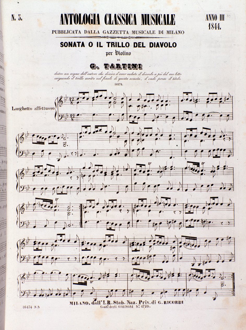 Pagina di spartito musicale della Sonata del Trillo del Diavolo di Tartini da Unknown artist
