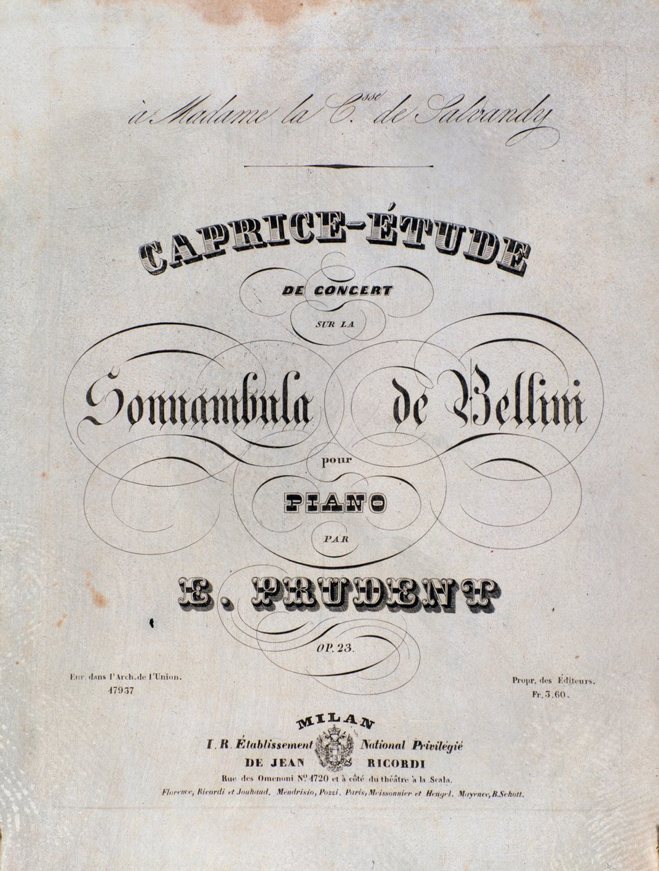 Pagina della partitura per un Capriccio-studio per pianoforte di Emile Prudent basato su La sonnambula di Vincenzo Bellini da Unknown artist
